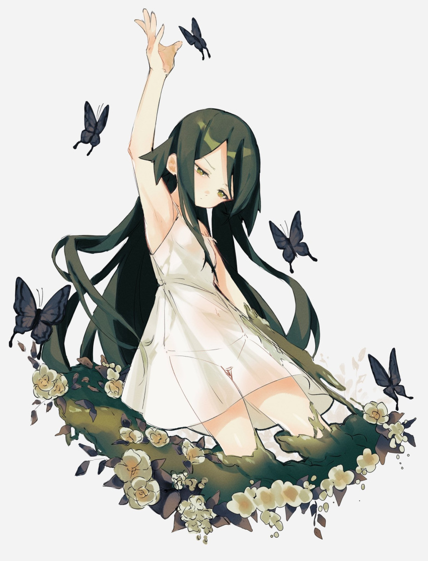 1girl arm_up bare_shoulders blush bug butterfly dress expressionless flower green_eyes green_hair highres long_hair looking_down navel panties saya_(saya_no_uta) saya_no_uta see-through see-through_dress shikkuro69 simple_background solo underwear very_long_hair white_background white_dress white_panties