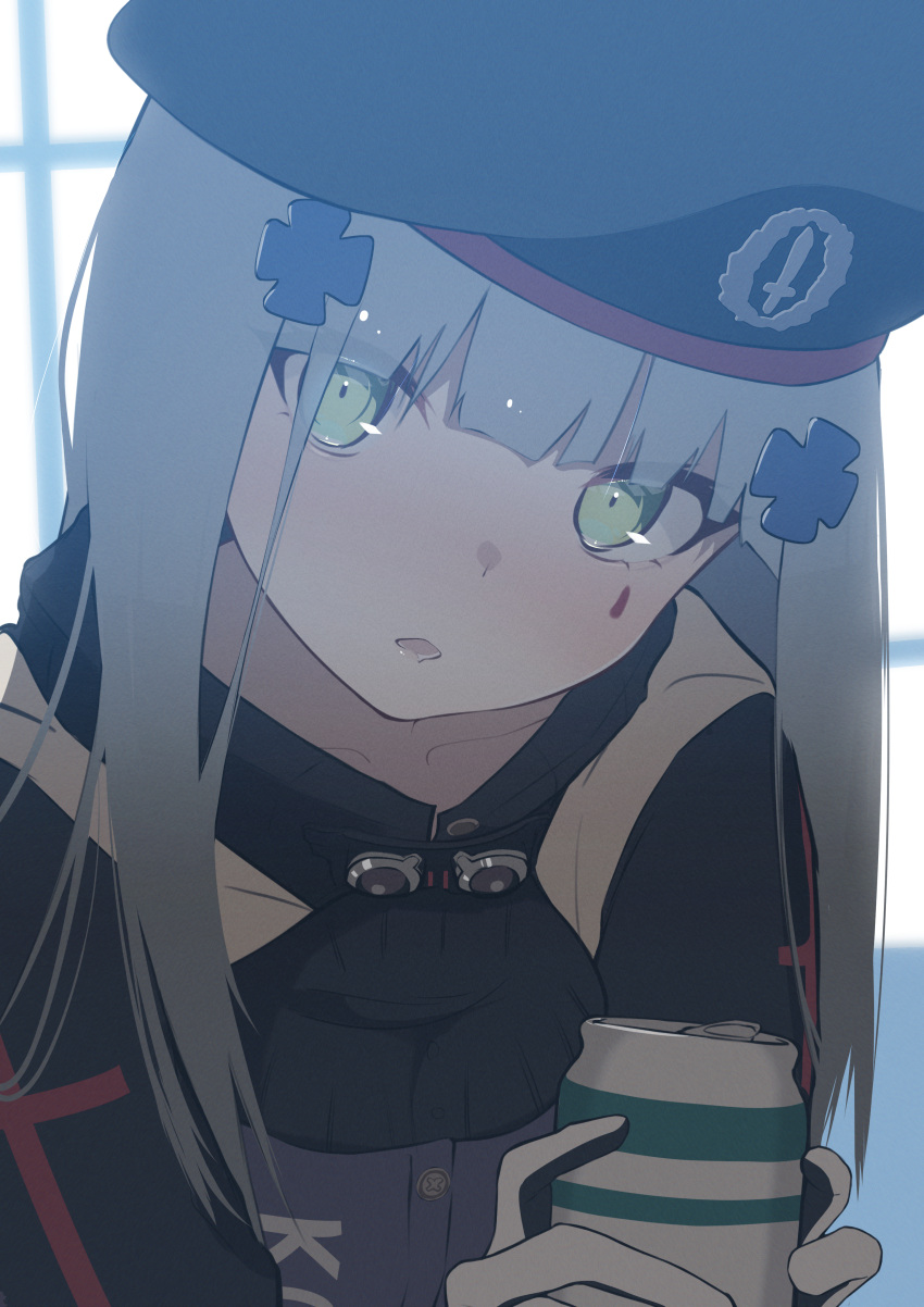1girl absurdres beret black_gloves can cross_hair_ornament drink_can girls'_frontline gloves green_eyes grey_hair hair_ornament hat highres hk416_(girls'_frontline) holding holding_can long_hair looking_at_viewer open_mouth ryunosuke_nikaido soda_can solo teardrop_facial_mark teardrop_tattoo two-tone_gloves upper_body white_gloves