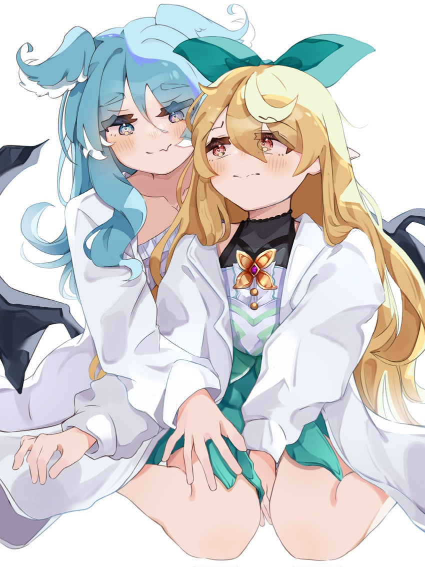 2girls between_legs blonde_hair blue_eyes blue_hair blush bow breasts cleavage collarbone commentary dragon_wings elira_pendora fang hair_between_eyes hair_bow hand_between_legs hand_on_another's_thigh head_wings heart heart-shaped_pupils heterochromia highres hisuisai_e5 long_hair looking_at_another low_wings multiple_girls nijisanji nijisanji_en nose_blush pointy_ears pomu_rainpuff red_eyes skin_fang symbol-only_commentary symbol-shaped_pupils virtual_youtuber wings yuri