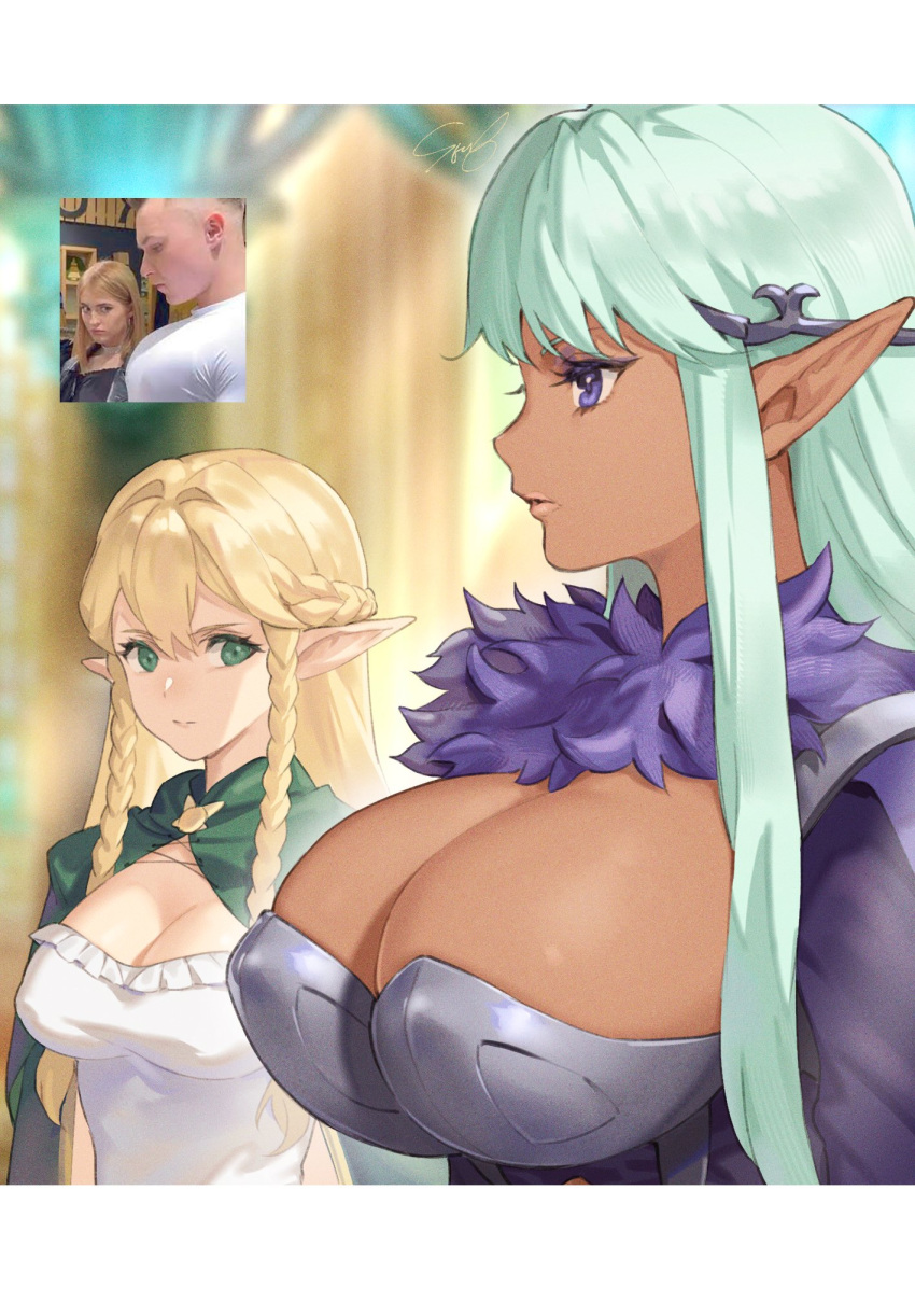 2girls blonde_hair braid breast_awe breasts cleavage dark-skinned_female dark_elf dark_skin elf eltolinde_(unicorn_overlord) green_eyes highres large_breasts long_hair looking_at_breasts multiple_girls ouosoul photo_inset pointy_ears purple_eyes railanor_(unicorn_overlord) reference_inset revealing_clothes staring twin_braids unicorn_overlord very_long_hair