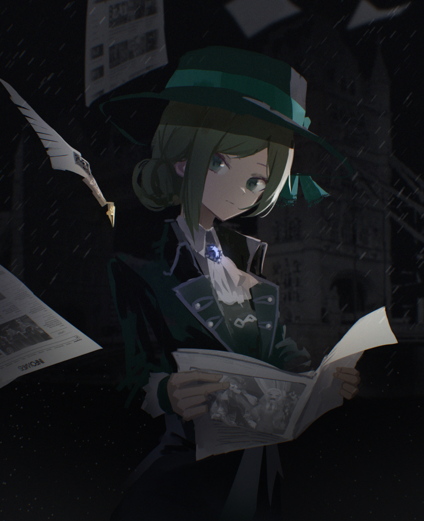 1girl ascot black_coat black_hat boater_hat closed_mouth coat commentary danraz0r english_commentary green_eyes green_hair hair_bun highres holding holding_newspaper looking_at_viewer newspaper purple_brooch reverse:1999 single_side_bun solo swept_bangs vertin_(reverse:1999) white_ascot