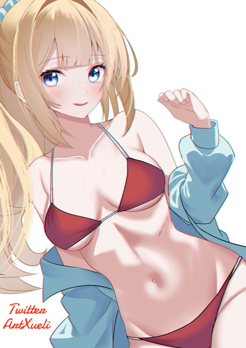 1girl absurdres bikini blonde_hair blue_cardigan blue_eyes blunt_bangs breasts cardigan collarbone dutch_angle english_commentary highres karuizawa_kei long_hair looking_at_viewer medium_breasts navel off_shoulder open_cardigan open_clothes open_mouth ponytail red_bikini smile solo swimsuit white_background xueli_shimazaki youkoso_jitsuryoku_shijou_shugi_no_kyoushitsu_e