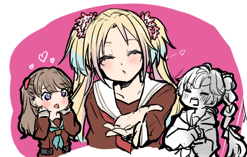 3girls :o =_= ^_^ anyoji_hime aqua_neckerchief blonde_hair blowing_kiss blue_hair blunt_bangs blush border brown_dress brown_hair closed_eyes collarbone dress flower fujishima_megumi gradient_hair hair_flower hair_ornament hair_ribbon hands_on_own_cheeks hands_on_own_face hasu_no_sora_school_uniform heart highres jacket kouhou_ato light_blue_hair link!_like!_love_live! long_hair long_sleeves love_live! mira-cra_park! multi-tied_hair multicolored_hair multiple_girls neckerchief open_clothes open_jacket osawa_rurino parted_bangs partially_colored pink_background pink_flower ponytail purple_eyes red_neckerchief ribbon sailor_collar sailor_dress school_uniform so_moe_i'm_gonna_die! swept_bangs teeth twintails two_side_up upper_teeth_only v-shaped_eyebrows very_long_hair virtual_youtuber wavy_mouth white_border white_sailor_collar winter_uniform