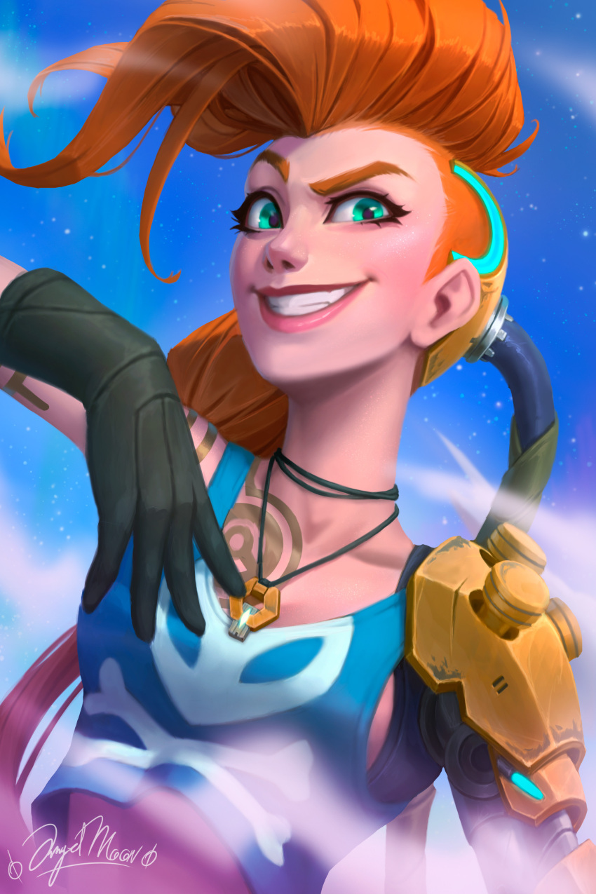 1girl absurdres angelmoonlight arm_tattoo black_gloves blue_shirt breasts cable chest_tattoo day gloves green_eyes grin hand_up highres jinx_(league_of_legends) league_of_legends long_hair mechanical_arms medium_breasts odyssey_jinx official_alternate_costume orange_hair outdoors red_hair shirt single_mechanical_arm skull_print smile tattoo teeth