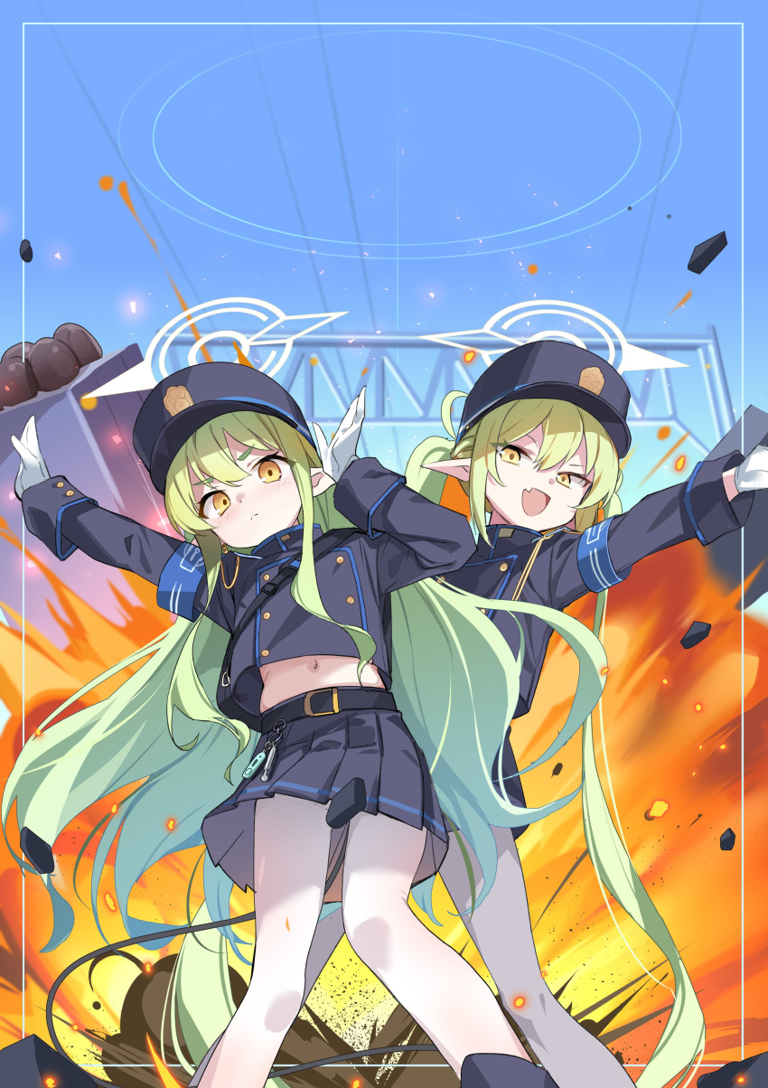 2girls absurdres arms_up black_shirt black_skirt blue_archive blue_sky clonatenshi closed_mouth crop_top day demon_girl demon_tail explosion fang gloves green_hair halo hat highres hikari_(blue_archive) long_hair looking_at_viewer midriff multiple_girls navel nozomi_(blue_archive) open_mouth pantyhose peaked_cap shirt siblings sisters skin_fang skirt sky standing tail twins twintails v-shaped_eyebrows very_long_hair white_gloves white_pantyhose yellow_eyes