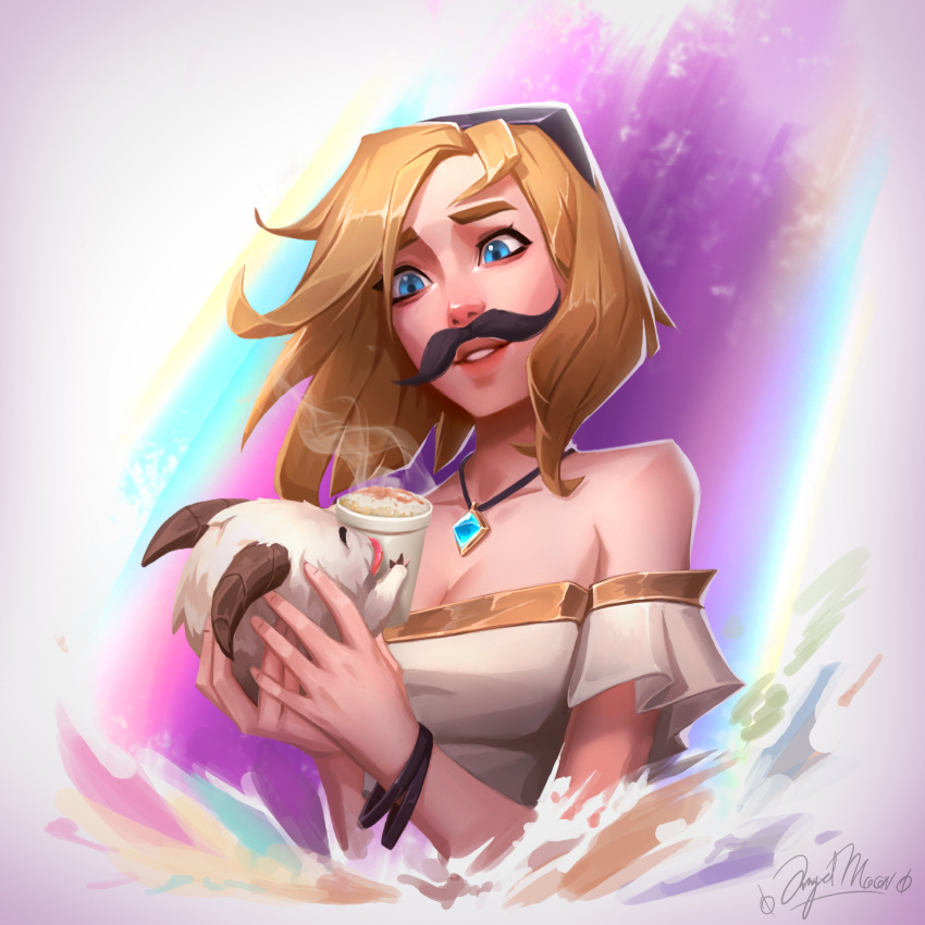 1girl absurdres angelmoonlight animal artist_name bare_shoulders black_hairband blonde_hair blue_eyes breasts cleavage cup detached_sleeves fake_facial_hair fake_mustache hairband hands_up highres holding holding_animal holding_cup jewelry league_of_legends lux_(league_of_legends) medium_breasts necklace off_shoulder pink_background poro_(league_of_legends) short_hair smile solo teeth