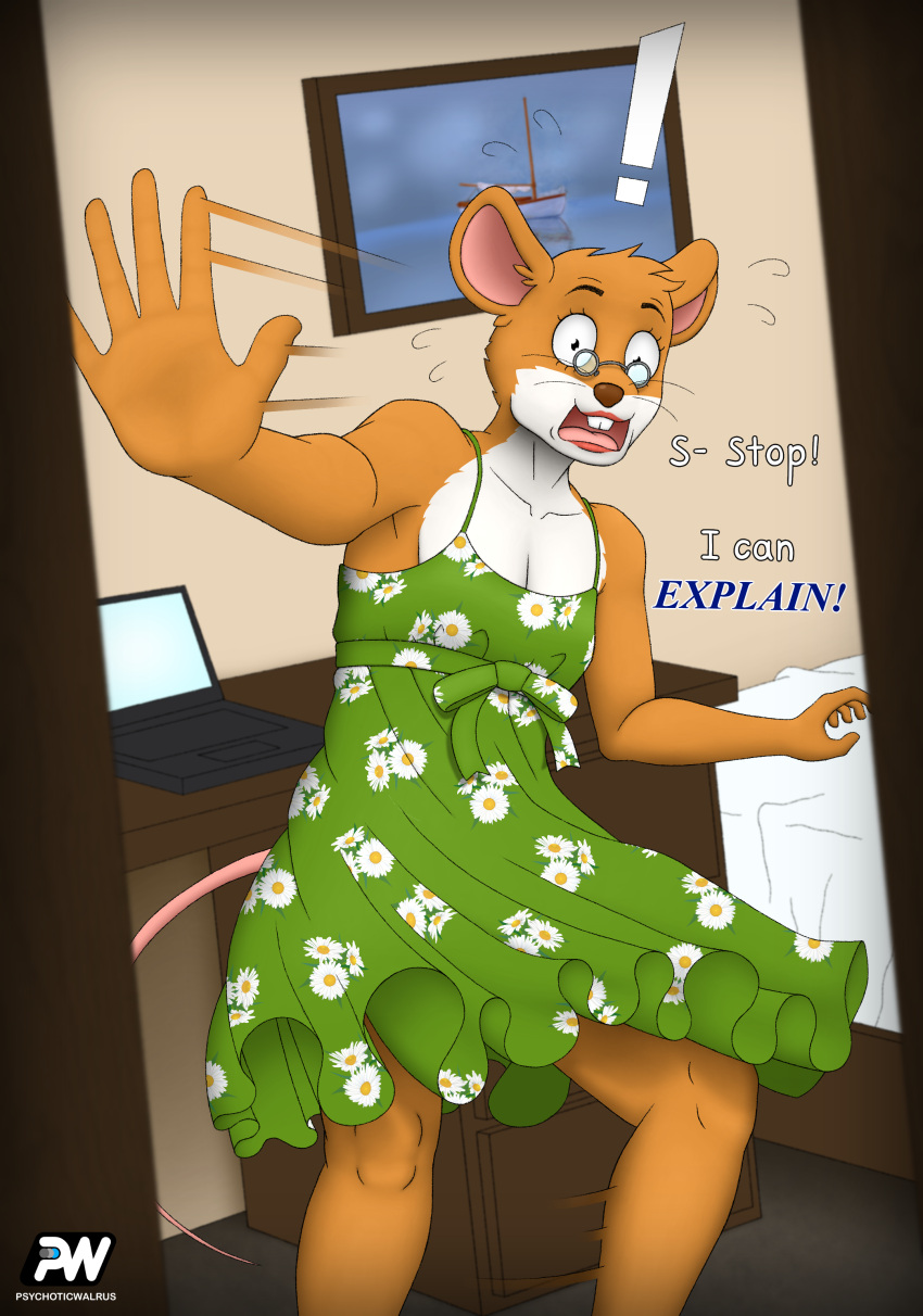 absurd_res anthro caught clothed clothing crossdressing dialogue dress embarrassed eyewear geronimo_stilton geronimo_stilton_(series) glasses hi_res male mammal mouse murid murine peeking_through_door psychoticwalrus rodent solo sundress surprise tail