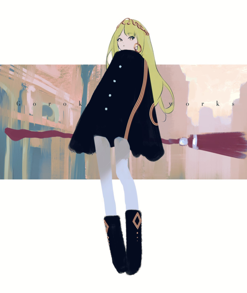 1girl :o black_cloak black_footwear blonde_hair boots broom cloak commentary dot_nose earrings from_below full_body goroku highres holding holding_broom hoop_earrings jewelry long_hair looking_to_the_side original pantyhose parted_bangs pigeon-toed single_earring sleeves_past_fingers sleeves_past_wrists solo standing thick_eyelashes three_quarter_view white_background white_pantyhose yellow_eyes