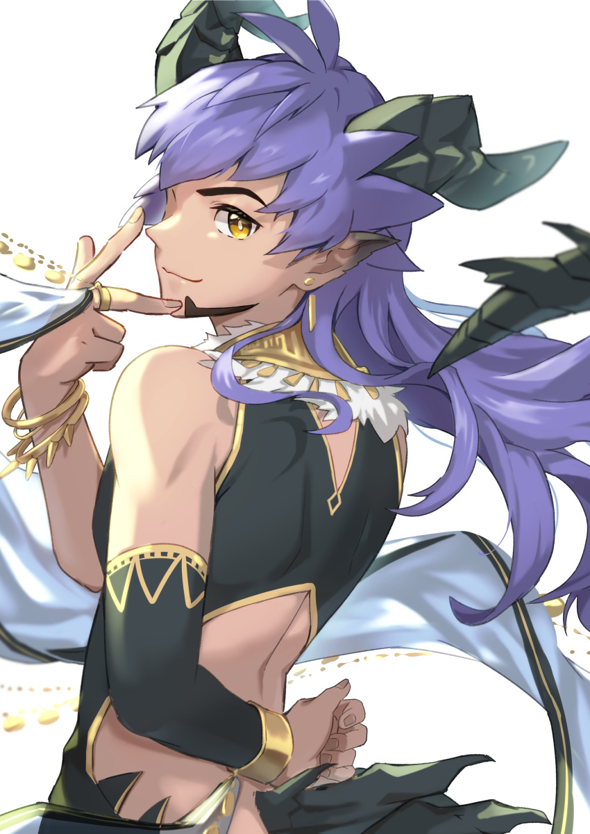 1boy absurdres alternate_costume arm_behind_back blurry bracelet chain closed_mouth commentary_request earrings facial_hair hand_up highres horns jewelry leon_(pokemon) long_hair male_focus pointy_ears pokemon pokemon_swsh purple_hair smile solo tail upper_body white_background yellow_eyes yunoru