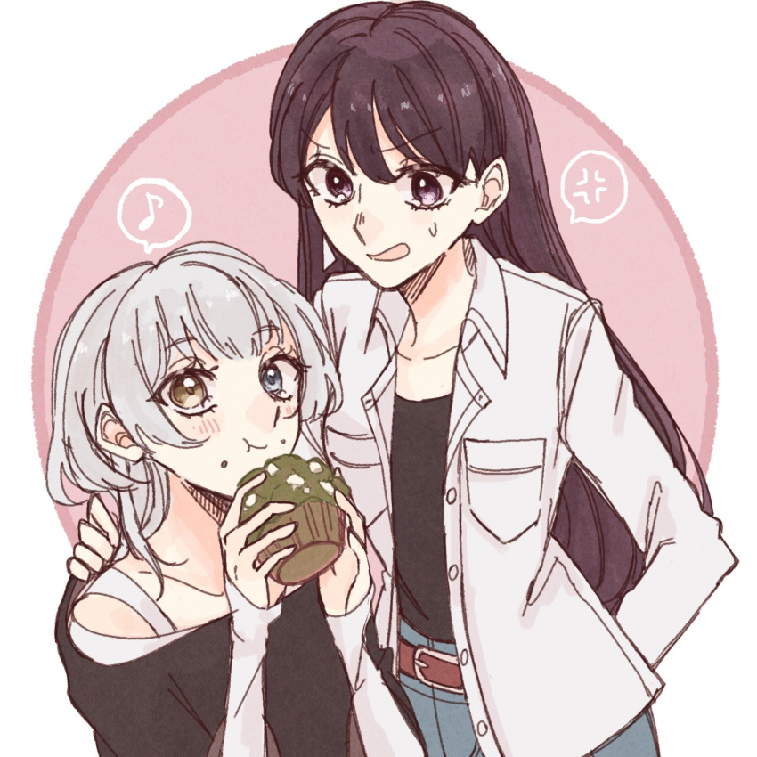 2girls anger_vein bang_dream! bang_dream!_it's_mygo!!!!! belt belt_buckle black_hair black_shirt blue_eyes blush brown_belt buckle collarbone commentary eating food food_on_face highres holding holding_food jacket kaname_raana layered_sleeves long_hair long_sleeves matcha_(food) medium_hair muffin multiple_girls musical_note no_mole off_shoulder open_mouth purple_eyes saneri_(sanerii_25) shiina_taki shirt short_over_long_sleeves short_sleeves sleeves_past_wrists spoken_anger_vein spoken_musical_note sweatdrop white_hair white_jacket white_shirt wolf_cut yellow_eyes