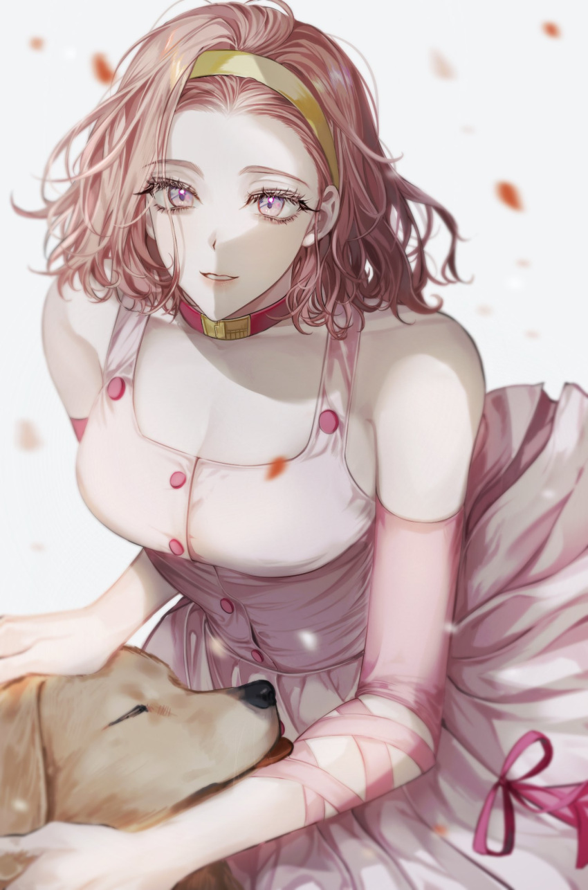 1girl breasts buttons cleavage detached_sleeves diamond_wa_kudakenai dog dress eyelashes falling_petals gold_hairband golden_retriever hairband highres jojo_no_kimyou_na_bouken looking_at_viewer madengx parted_lips petals petting pink_dress pink_eyes pink_hair pink_ribbon pink_sleeves ribbon solo sugimoto_reimi white_background