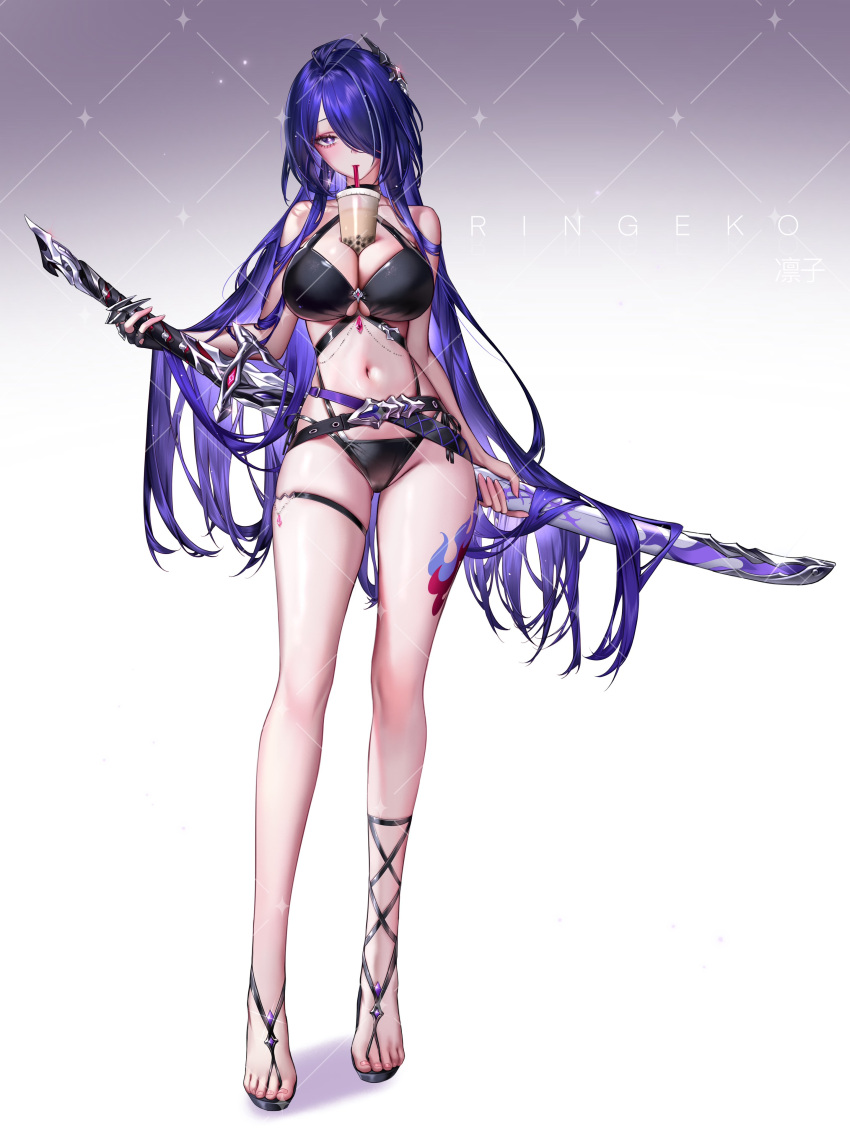 1girl absurdres acheron_(honkai:_star_rail) bare_arms bare_legs bare_shoulders belt bikini black_belt black_bikini breasts bubble_tea bubble_tea_challenge cleavage commentary cup disposable_cup drinking drinking_straw full_body gradient_background grey_background groin hair_over_one_eye highres holding holding_sword holding_weapon honkai:_star_rail honkai_(series) katana large_breasts leg_tattoo long_hair looking_at_viewer navel purple_eyes purple_hair ringeko-chan scabbard sheath sheathed solo standing stomach swimsuit sword tattoo thigh_strap thighs very_long_hair weapon