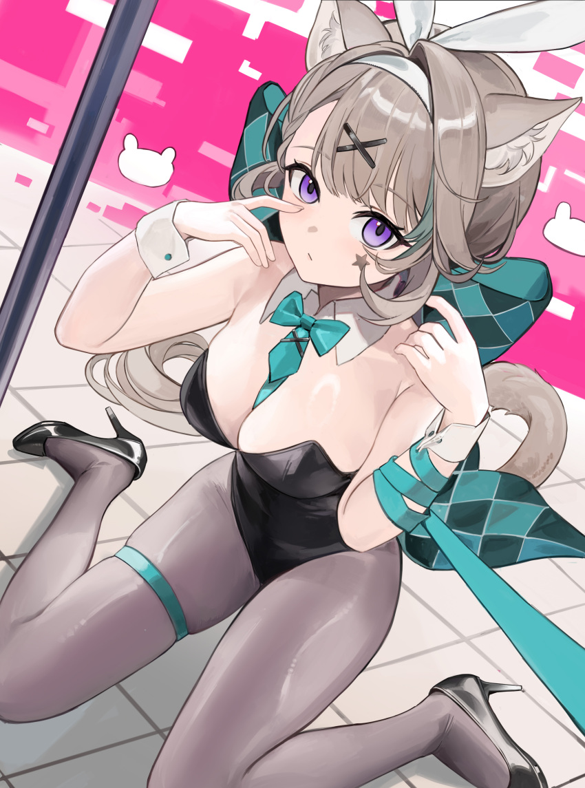 1girl absurdres alternate_costume animal_ears aqua_bow aqua_bowtie aqua_necktie bare_shoulders black_footwear black_leotard blue_eyes bow bowtie breasts brown_hair cat_ears cat_girl cat_tail cleavage closed_mouth commentary disembodied_limb facial_mark genshin_impact green_bow grey_pantyhose hair_bow hair_ornament hairband high_heels highres leotard light_blush looking_at_viewer lynette_(genshin_impact) medium_breasts nagata_gata necktie pantyhose plaid plaid_bow revision short_necktie sitting solo star_(symbol) star_facial_mark strapless strapless_leotard tail thigh_strap tile_floor tiles wariza white_hairband white_wrist_cuffs wrist_cuffs x_hair_ornament