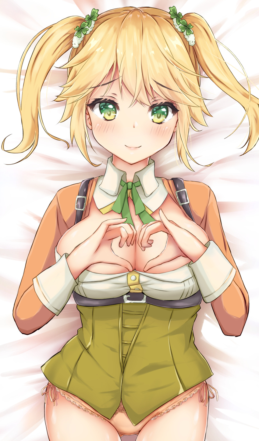 1girl absurdres blon blush breasts cleavage cleavage_cutout clothing_cutout collar dress eyebrows_hidden_by_hair feet_out_of_frame green_dress green_eyes hair_between_eyes hair_tie heart heart_hands highres large_breasts lips lying on_back on_bed orange_panties panties sekai_saikou_no_ansatsusha_isekai_kizoku_ni_tensei_suru short_twintails smile solo tarte_(ansatsu_kizoku) tatika714 twintails underwear white_collar