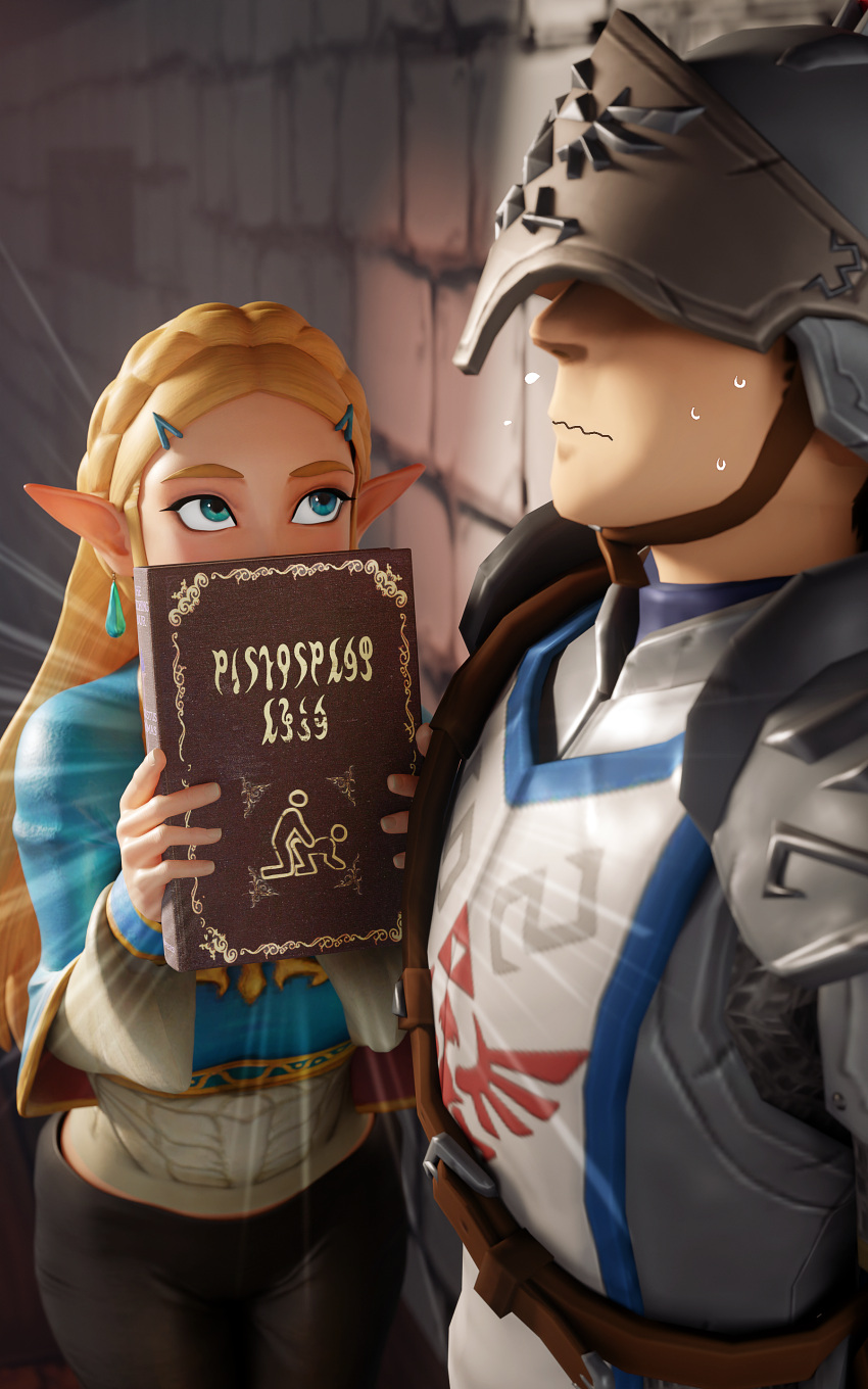 3d_(artwork) absurd_res armor biped blonde_hair bodily_fluids book clothed clothing digital_media_(artwork) duo fugtrup hair headgear helmet hi_res holding_book holding_object humanoid_pointy_ears hylian larger_male male nintendo not_furry obscured_eyes princess_zelda pupils size_difference sweat the_legend_of_zelda