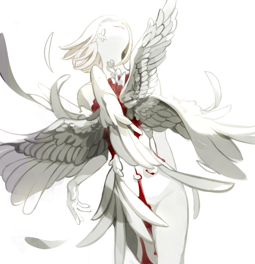 1girl 7wata_himori blonde_hair blood colored_skin fate/prototype fate/prototype:_fragments_of_blue_and_silver fate_(series) feathers growing_out_of_body highres looking_up navel nude sajou_manaka short_hair simple_background smile solo white_background white_skin white_wings wings