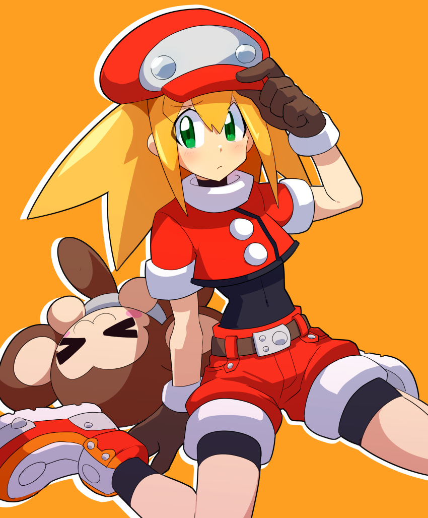 1girl absurdres black_bodysuit blonde_hair bodysuit bodysuit_under_clothes brown_gloves cabbie_hat covered_navel cropped_jacket data_(mega_man) gloves green_eyes hat highres jacket looking_down medium_hair mega_man_(series) mega_man_legends_(series) monkey non-humanoid_robot omeehayo orange_background red_hat red_jacket red_shorts robot robot_animal roll_caskett_(mega_man) shorts sleeves_rolled_up