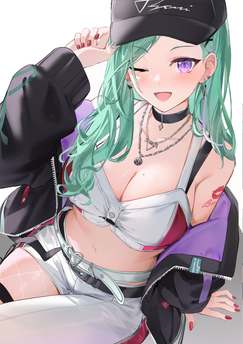 ;d absurdres alternate_costume alternate_hairstyle arm_tattoo asymmetrical_pants belt black_choker black_hat black_jacket breasts character_name choker crop_top earrings fingernails fishnets green_hair hair_ornament highres isaya_(pixiv4541633) jacket jewelry large_breasts lipstick_mark long_sleeves mismatched_earrings mole mole_on_breast navel necklace one_eye_closed open_clothes open_jacket open_mouth purple_eyes purple_hair red_nails shirt sitting smile stomach tattoo tongue virtual_youtuber vspo! white_background white_belt white_shirt x_hair_ornament yakumo_beni