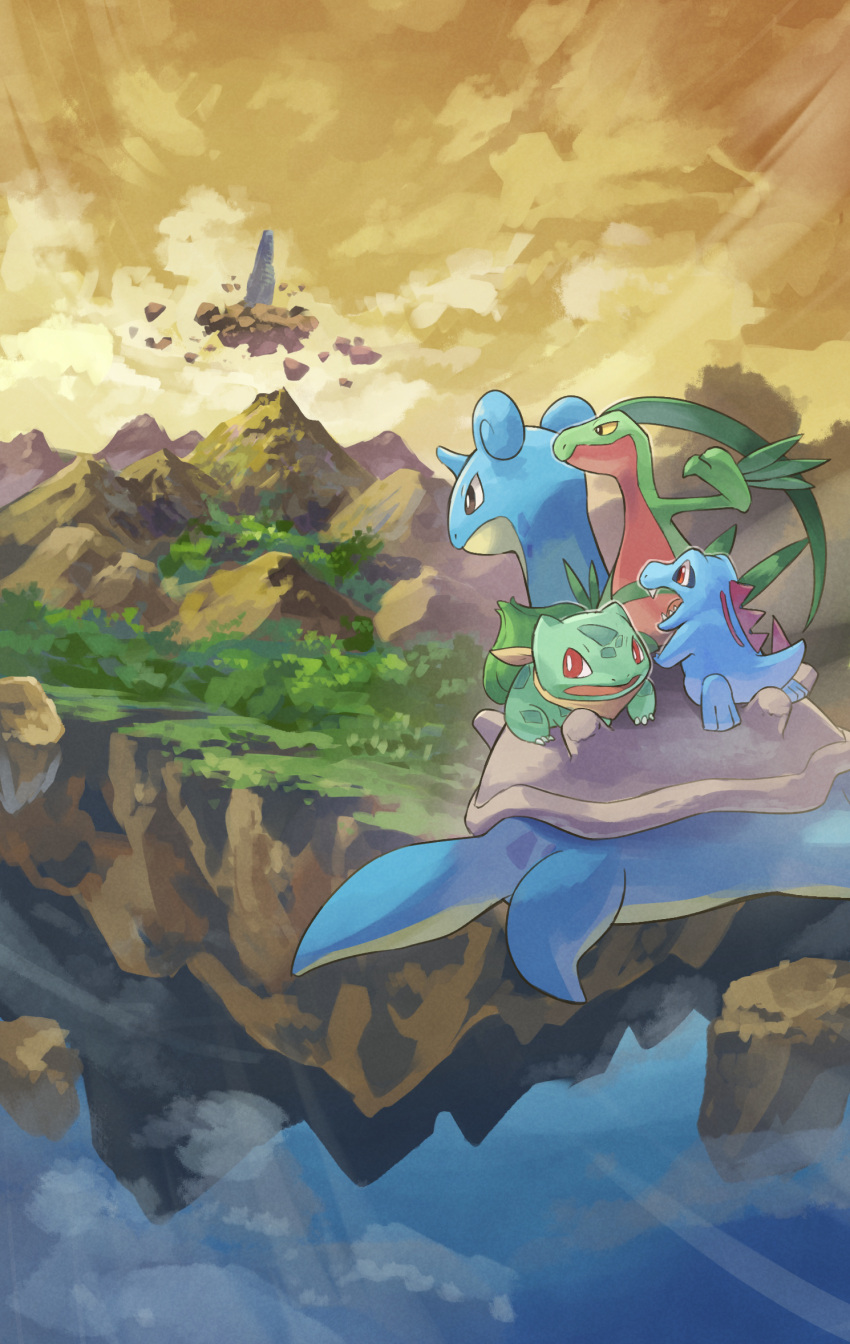 above_clouds animal_focus bulbasaur cloud cloudy_sky day floating_island floating_rock flying grass grovyle hakkentai_pokedan highres island landscape lapras no_humans outdoors pokemon pokemon_(creature) riding riding_pokemon sky totodile