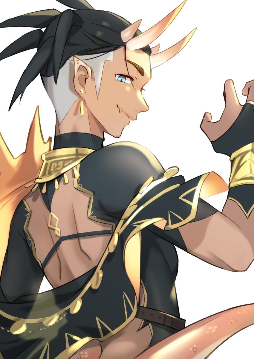 1boy absurdres alternate_costume aqua_eyes black_hair closed_mouth commentary_request earrings fang fang_out hand_up highres horns jewelry male_focus neck_ring pokemon pokemon_swsh raihan_(pokemon) short_hair shoulder_blades solo tail undercut upper_body white_background yunoru