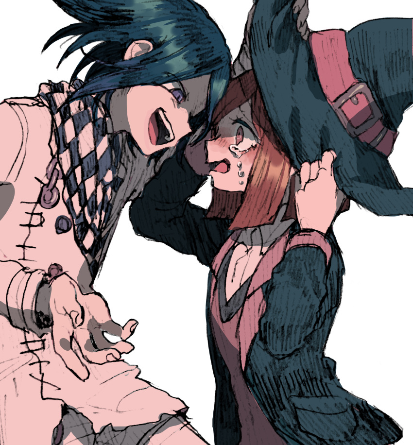 1boy 1girl absurdres arm_belt belt belt_buckle black_hair black_hat black_jacket black_scarf black_sleeves blazer blunt_ends blush buckle buttons chain checkered_clothes checkered_scarf coattails collar collared_jacket collared_shirt commentary_request cowboy_shot crying crying_with_eyes_open danganronpa_(series) danganronpa_v3:_killing_harmony denim double-breasted eye_contact eyelashes face-to-face fingernails furrowed_brow hand_on_another's_headwear hand_on_headwear hat hat_belt highres jacket jeans layered_sleeves long_sleeves looking_at_another multicolored_buttons multiple_belts oma_kokichi open_mouth outstretched_hand pants pink_belt pink_collar pink_vest pocket purple_eyes red_eyes red_hair sarami_(sa_rami30) scarf shirt short_hair simple_background smile teardrop tears teeth thigh_belt thigh_strap torn_clothes torn_jeans torn_pants two-tone_scarf upper_teeth_only v-neck vest white_background white_belt white_jacket white_pants white_scarf white_shirt white_sleeves wide-eyed witch_hat yumeno_himiko
