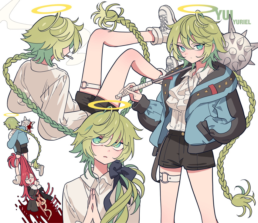 2others ascot bad_id bad_twitter_id black_ribbon black_shorts blue_jacket carrying carrying_person cigarette closed_mouth collared_shirt frown green_hair guro hair_between_eyes hair_ribbon halo hand_in_pocket highres holding_another's_hair holding_mace intestines jacket kei_(meremero) long_hair long_sleeves looking_at_viewer looking_up mace meremero multiple_others multiple_views o-ring o-ring_thigh_strap open_clothes open_jacket open_mouth original other_focus over_shoulder ribbon shirt shoes shorts smile smoke smoking sneakers spiked_mace spikes thigh_strap very_long_hair weapon weapon_over_shoulder white_ascot white_background white_footwear white_shirt yellow_halo yui_(meremero)
