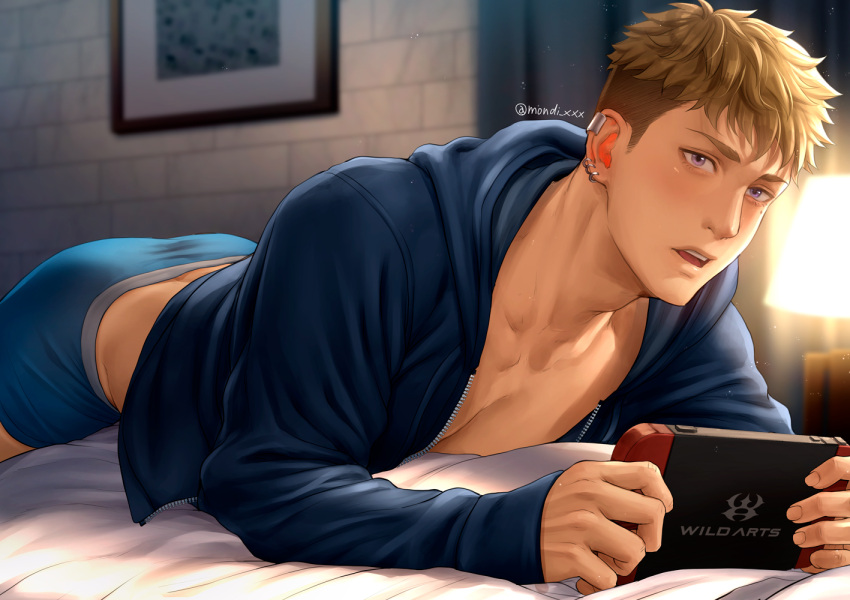 1boy bara blonde_hair blood blue_jacket blue_male_underwear handheld_game_console holding holding_handheld_game_console hood hood_down hooded_jacket jacket large_pectorals luca_(mondi_hl) lying male_focus male_underwear mondi_hl muscular muscular_male nintendo_switch on_stomach open_clothes open_jacket original pectorals short_hair solo twitter_username underwear