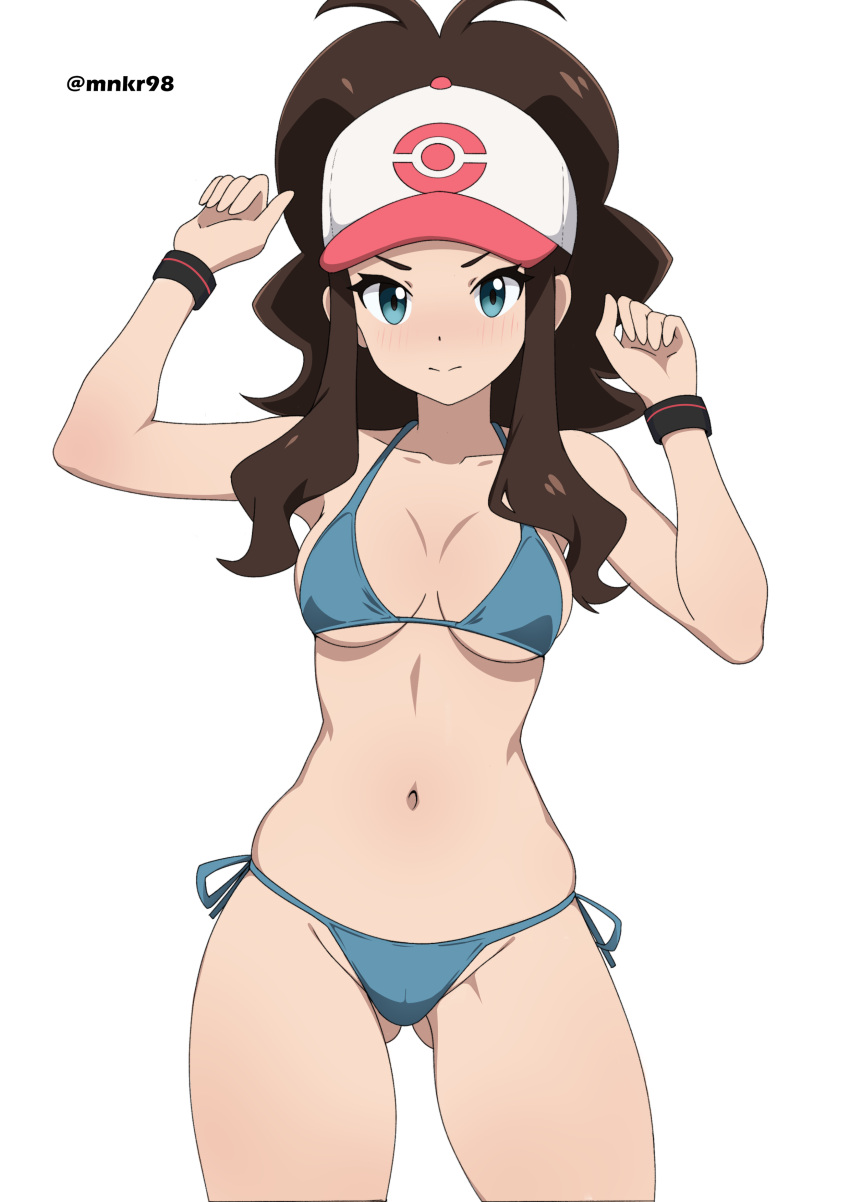 1girl absurdres alternate_costume aqua_bikini ass_visible_through_thighs baseball_cap bikini black_wristband blush breasts brown_hair closed_mouth collarbone commentary cowboy_shot green_eyes hands_up hat highres hilda_(pokemon) long_hair looking_at_viewer mnkr98 navel pokemon pokemon_bw side-tie_bikini_bottom sidelocks simple_background solo split_mouth swimsuit white_background white_hat