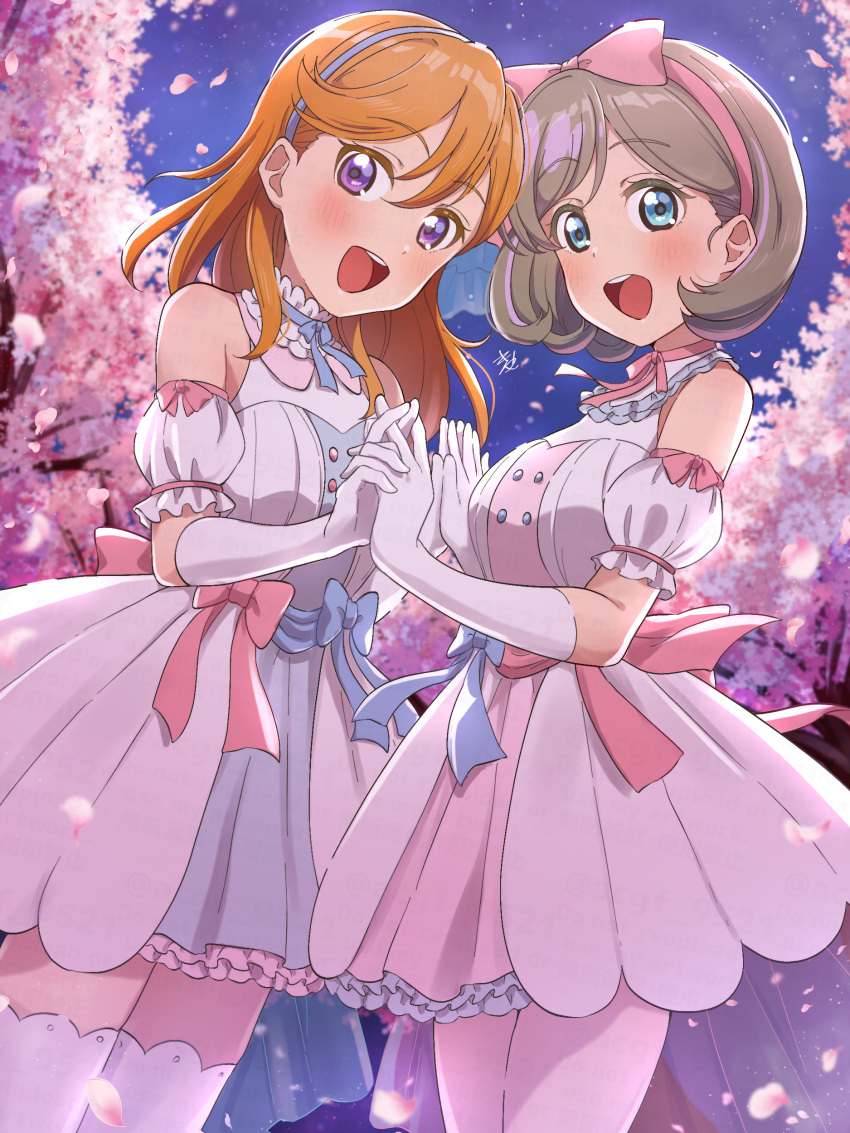2girls :d absurdres blue_bow blue_dress blue_eyes blue_hairband blue_ribbon blush bow bow_hairband breasts cherry_blossoms choker detached_sleeves dress dress_bow dutch_angle elbow_gloves falling_petals frilled_choker frilled_dress frills gloves hairband highres holding_hands interlocked_fingers kyaku_tasu light_brown_hair looking_at_viewer love_live! love_live!_superstar!! medium_breasts medium_hair multiple_girls open_mouth orange_hair palms_together parted_bangs petals pink_bow pink_dress pink_hairband pink_petals pink_ribbon purple_eyes ribbon ribbon_choker shibuya_kanon short_dress short_hair short_sleeves sleeveless sleeveless_dress smile tang_keke teeth thighhighs tiny_stars upper_teeth_only white_dress white_gloves white_thighhighs