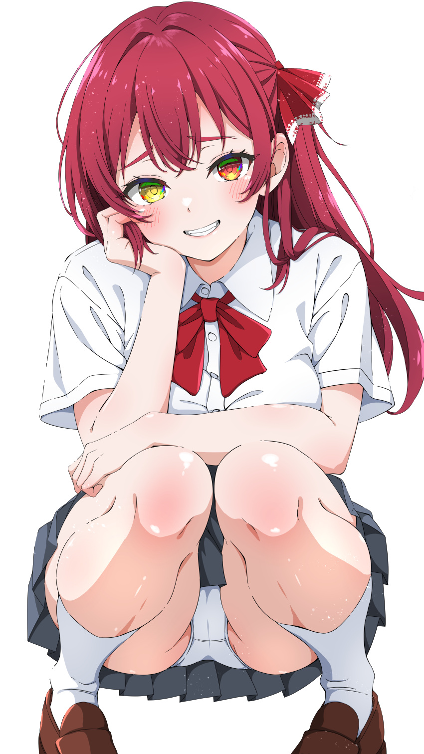 1girl absurdres blush breasts green_skirt hair_ornament heterochromia highres hololive houshou_marine isakoro_(hx9cj) large_breasts long_hair looking_at_viewer neckerchief panties pantyshot red_eyes red_hair red_neckerchief school_uniform shirt simple_background skirt smile solo squatting thighs twintails underwear uniform white_background white_panties white_shirt yellow_eyes