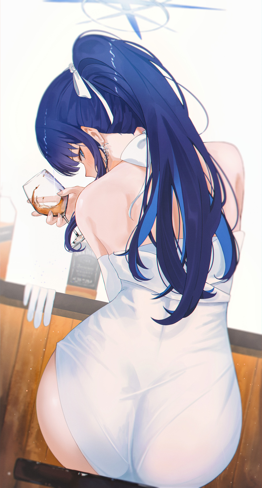 1girl absurdres alcohol ass blue_archive blue_eyes blue_hair blush cup dress elbow_gloves from_behind gloves halo highres holding holding_cup jack_daniel's long_hair looking_at_viewer multicolored_hair official_alternate_costume pantylines ponytail rega saori_(blue_archive) saori_(dress)_(blue_archive) sitting solo two-tone_hair unworn_gloves very_long_hair white_dress white_gloves