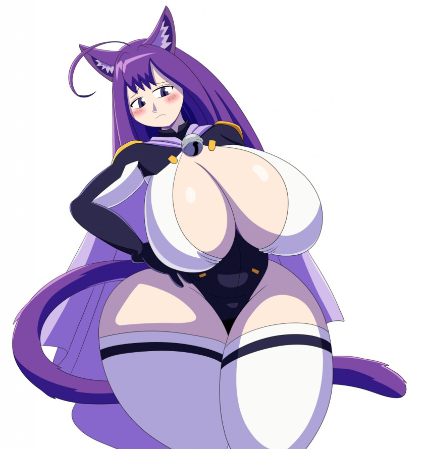 2019 ahoge animal_humanoid bangs big_breasts blush breasts capt._kuune cat_humanoid cat_planet_cuties cel_shading cleavage clothed clothing felid felid_humanoid feline feline_humanoid female female_humanoid footwear glistening glistening_body glistening_skin hair hi_res huge_breasts humanoid legwear leotard long_hair mammal mammal_humanoid mechspazer purple_eyes purple_hair shaded simple_background skimpy socks solo tail thick_thighs thigh_highs thigh_socks white_background wide_hips