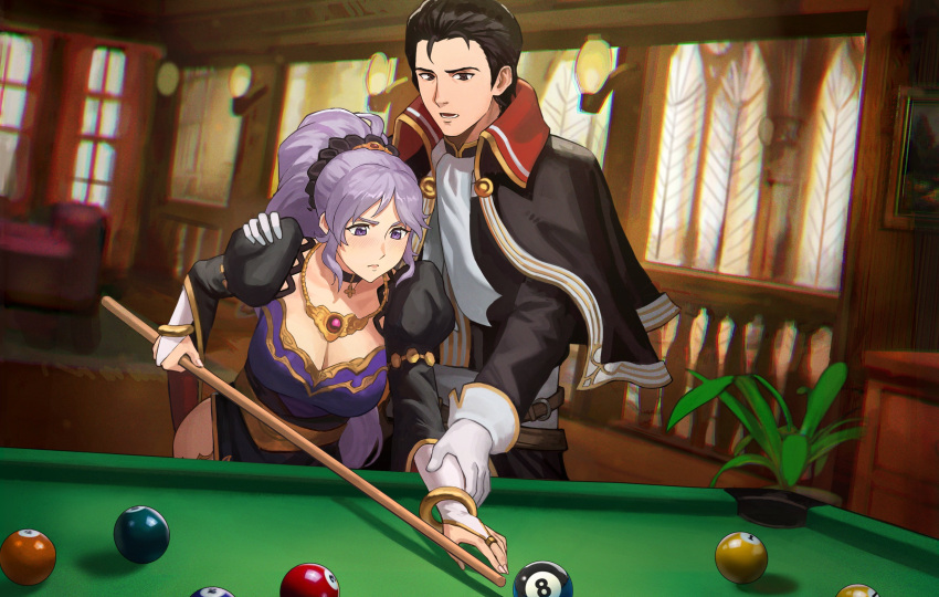 1boy 1girl absurdres billiards black_eyes black_hair capelet commission commissioner_upload emknov fire_emblem fire_emblem:_genealogy_of_the_holy_war fire_emblem:_thracia_776 gloves hand_on_another's_arm hand_on_another's_shoulder highres ishtar_(fire_emblem) jewelry necklace plant ponytail pool_table purple_eyes purple_hair reinhardt_(fire_emblem) table