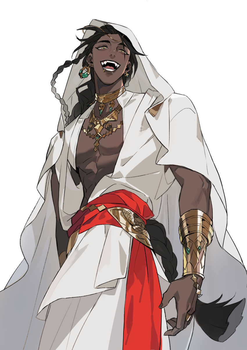 1boy abs absurdres arms_at_sides black_hair blunt_ends bracelet braid braided_ponytail brown_nails circlet cloak cowboy_shot dark-skinned_male dark_skin earrings elrohirz fangs from_below green_pupils highres hood hooded_cloak jewelry laughing lip_piercing long_hair looking_at_viewer looking_down male_focus multiple_braids necklace open_clothes open_mouth original piercing robe sailor_collar simple_background solo very_long_hair white_background white_cloak white_robe yellow_eyes