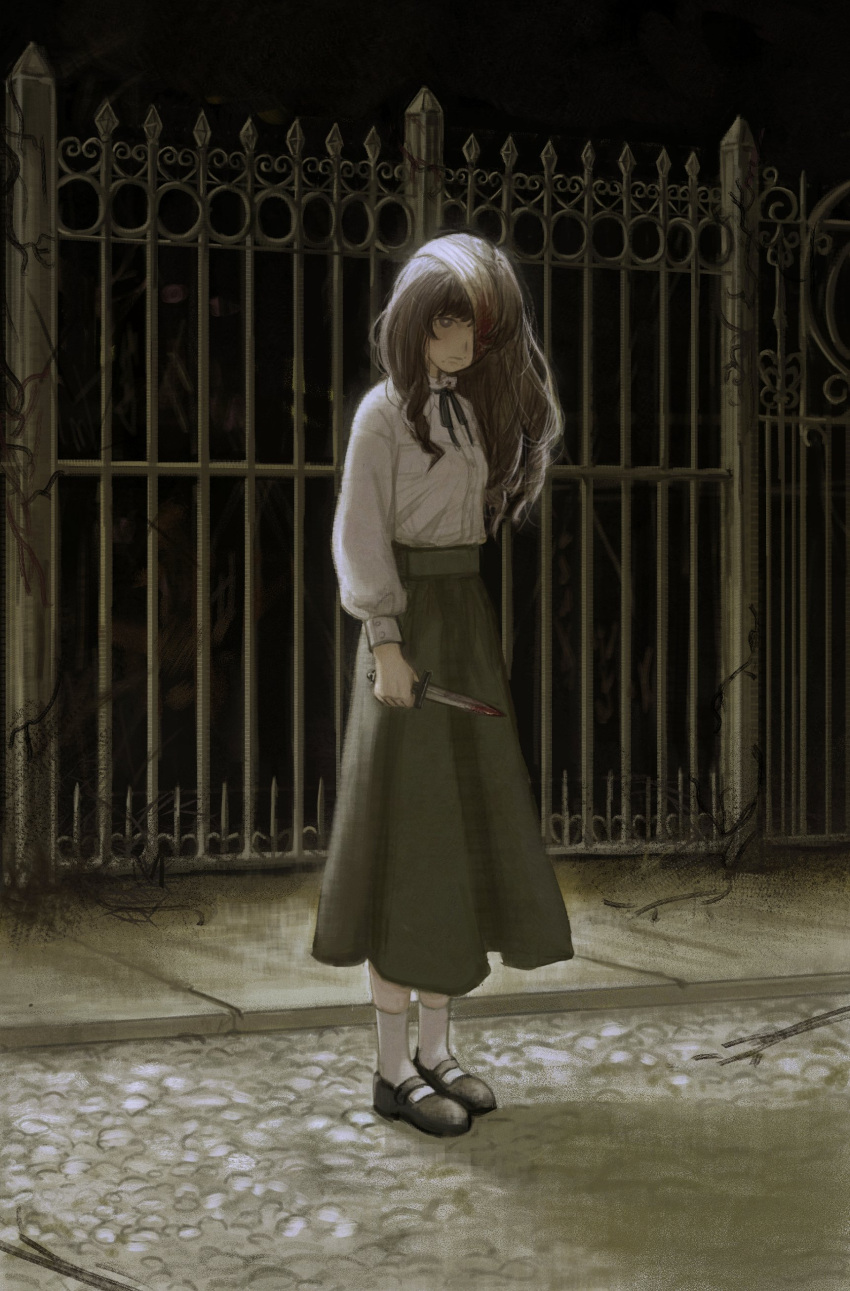 1girl absurdres bandage_over_one_eye black_footwear black_ribbon black_sky blood blood_on_knife brown_hair closed_mouth cobblestone fear_&amp;_hunger fear_&amp;_hunger_2:_termina fence frilled_shirt_collar frills full_body highres holding holding_knife knife long_hair long_skirt long_sleeves looking_at_viewer marina_(fear_&amp;_hunger) mary_janes monlopolo mouth_piercing ribbon sepia shirt shirt_tucked_in shoes skirt sky socks solo standing white_shirt white_socks