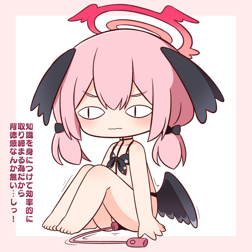 &lt;|&gt;_&lt;|&gt; 1girl bare_arms bare_legs bare_shoulders barefoot bikini black_bikini black_bow black_wings blue_archive blush bow chibi closed_mouth feathered_wings floral_print full_body hair_between_eyes hair_bow halo hana_kazari head_wings highres knees_up koharu_(blue_archive) koharu_(swimsuit)_(blue_archive) long_hair looking_to_the_side low_twintails low_wings motion_lines object_insertion pink_background pink_hair print_bikini remote_control_vibrator sex_toy sitting solo swimsuit translation_request twintails two-tone_background v-shaped_eyebrows vaginal vaginal_object_insertion vibrator wavy_mouth white_background wings