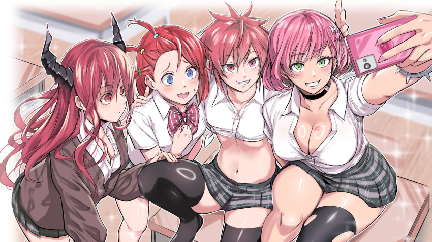 4girls alternate_costume aoi_takeru arm_up blue_eyes breasts cleavage color_connection commission cropped_shirt desk evil_twin_ki-sikil green_eyes hair_color_connection highres hiita_(yu-gi-oh!) hiita_the_fire_charmer ki-sikil_(yu-gi-oh!) knee_up large_breasts long_hair midriff miniskirt multiple_girls on_desk pink_hair plaid plaid_skirt promethean_princess_bestower_of_flames red_eyes red_hair school_uniform selfie short_hair short_sleeves single_thighhigh sitting skeb_commission skirt thighhighs thighs torn_clothes torn_thighhighs witchcrafter_schmietta yu-gi-oh!