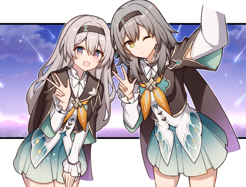 2girls black_hairband breasts brown_cape cape cosplay firefly_(honkai:_star_rail) firefly_(honkai:_star_rail)_(cosplay) grey_hair hair_between_eyes hairband honkai:_star_rail honkai_(series) jacket long_hair long_sleeves looking_at_viewer medium_breasts multiple_girls one_eye_closed open_mouth pink_eyes shirt skirt smile stelle_(honkai:_star_rail) t@ke-g trailblazer_(honkai:_star_rail) w white_shirt yellow_eyes