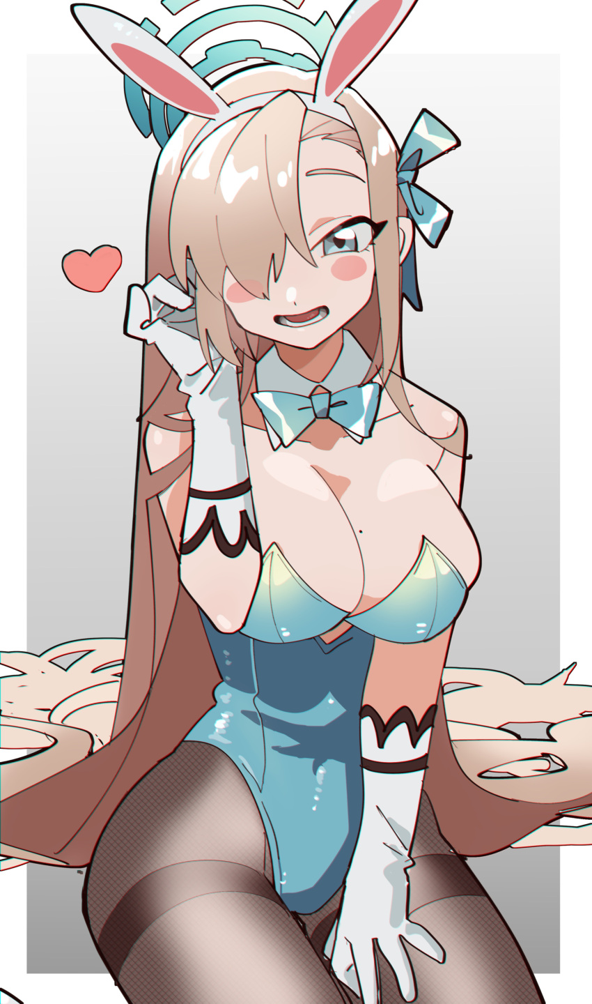 1girl absurdres animal_ears asuna_(blue_archive) asuna_(bunny)_(blue_archive) bare_shoulders blue_archive blue_bow blue_eyes blue_leotard blush bow bowtie breasts brown_hair cleavage detached_collar fake_animal_ears gloves hair_over_one_eye hair_ribbon halo heart highres large_breasts leotard light_brown_hair long_hair looking_at_viewer mole mole_on_breast official_alternate_costume open_mouth pantyhose playboy_bunny rabbit_ears ribbon simple_background sitting solo strapless strapless_leotard thighband_pantyhose uotsu_(sabakou) very_long_hair white_gloves