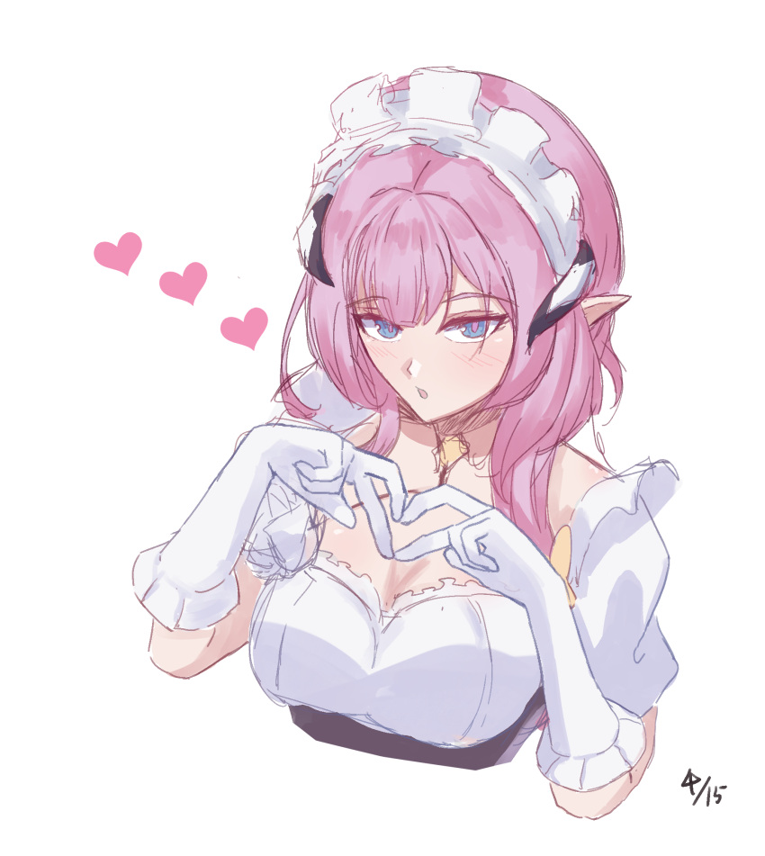 1girl blue_eyes breasts cleavage commentary_request cropped_torso dated elysia_(honkai_impact) frilled_gloves frills gloves gude_(gudechang) hands_up heart highres honkai_(series) honkai_impact_3rd horns looking_at_viewer maid_headdress medium_breasts parted_lips pink_hair pointy_ears puffy_short_sleeves puffy_sleeves short_sleeves simple_background solo upper_body white_background white_gloves
