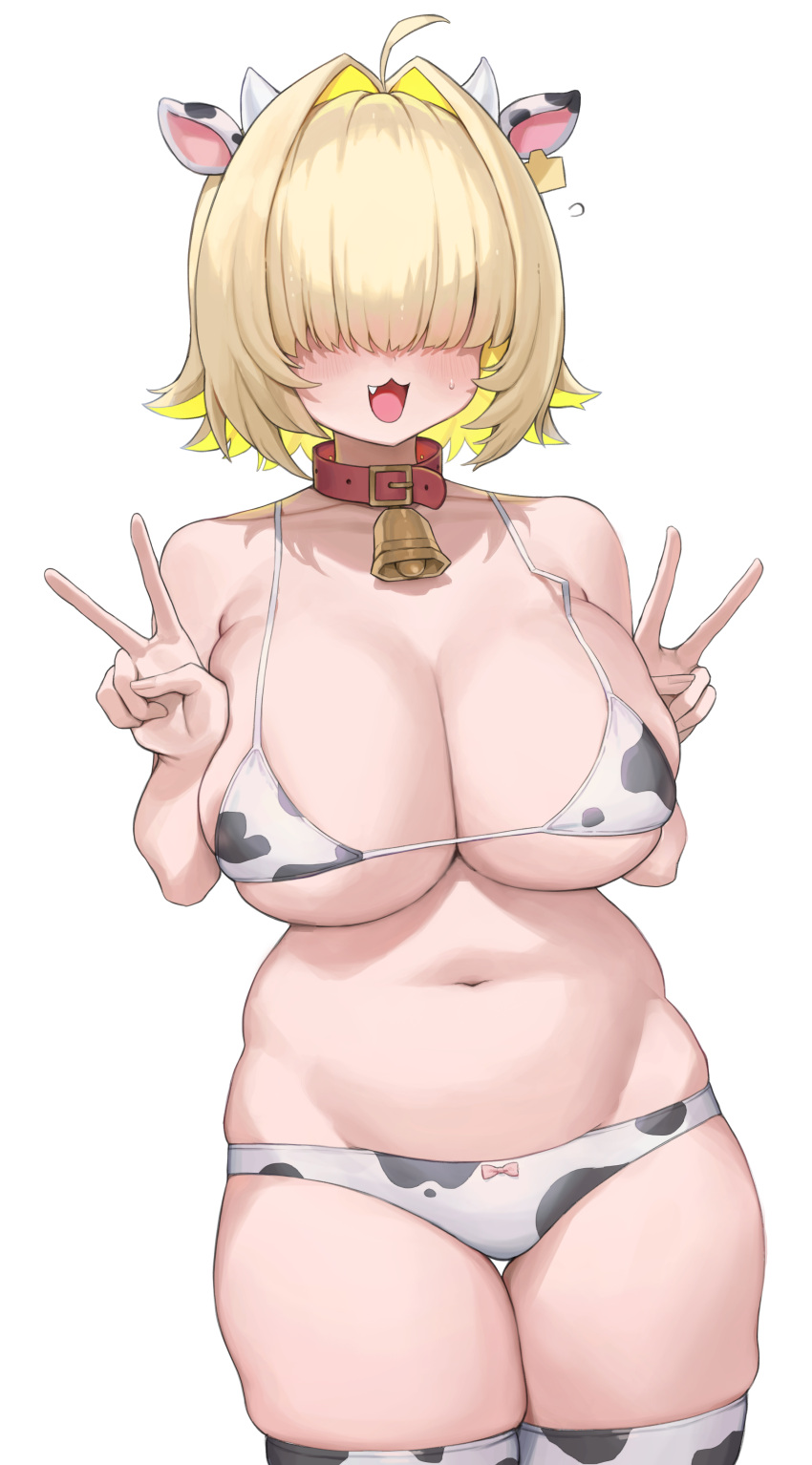 1girl :3 absurdres alternate_costume animal_ears animal_print areola_slip bell bikini blonde_hair blush breasts cleavage collar covered_eyes cow_ears cow_horns cow_print cowbell double_v ear_tag elegg_(nikke) fake_animal_ears fake_horns fang goddess_of_victory:_nikke hair_intakes highres horns huge_breasts micro_bikini neck_bell open_mouth p00nipooni short_hair simple_background solo sweat swimsuit thighhighs v white_background