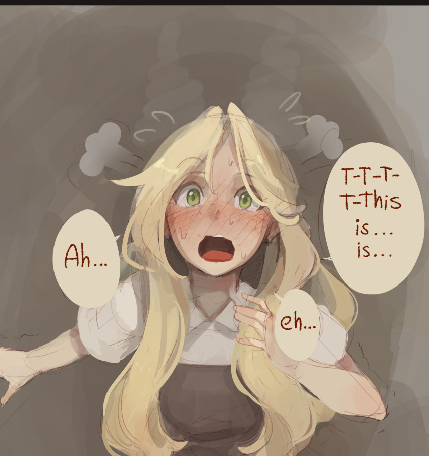 1girl after_sex apron blonde_hair blush brown_apron commentary cum cum_on_neck dress embarrassed english_commentary english_text facing_viewer freckles green_eyes highres long_hair open_mouth original short_sleeves solo speech_bubble standing sushoartworks sweat white_dress