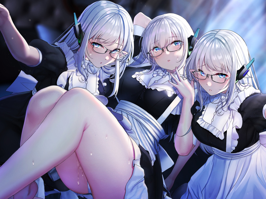 3girls apron bare_legs black_dress blue_eyes blurry blurry_background blush clothes_lift dress glasses headset highres long_hair looking_at_viewer maid maid_apron multiple_girls night non-web_source original panties parted_lips pointy_ears shiroiruka short_sleeves skirt skirt_lift sweat underwear white_background white_panties