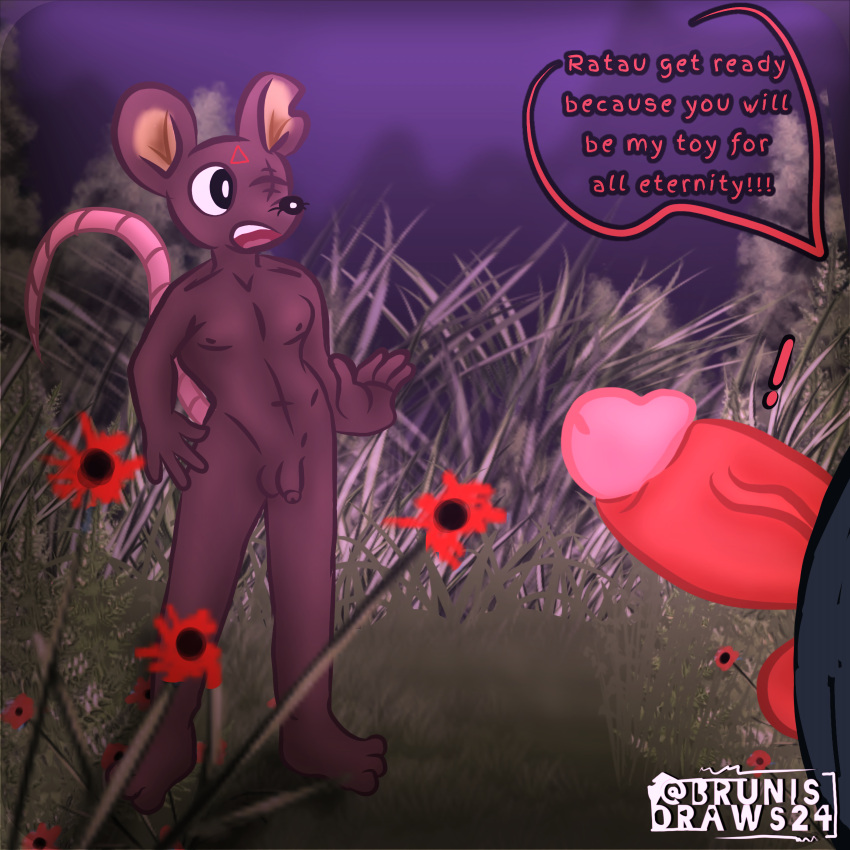 3_toes 4_fingers abs absurd_res anthro balls barefoot big_penis brown_body brunisdraws butt canid canine clothing cult_of_the_lamb devolver_digital dialogue duo english_text erection evergreen_tree feet fingers flower forest forest_background fox fox_(cult_of_the_lamb) genitals grass handwear hi_res humanoid humanoid_feet humanoid_genitalia humanoid_hands humanoid_penis lights male male/male mammal massive_monster_(studio) mountain murid murine nature nature_background night nude pelvis penis pine_tree plant plantigrade rat rat_ears rat_tail ratau_(cult_of_the_lamb) reaction_shot red_body rodent shadow size_difference slim speech_bubble surprise tail text toes tree vein veiny_penis