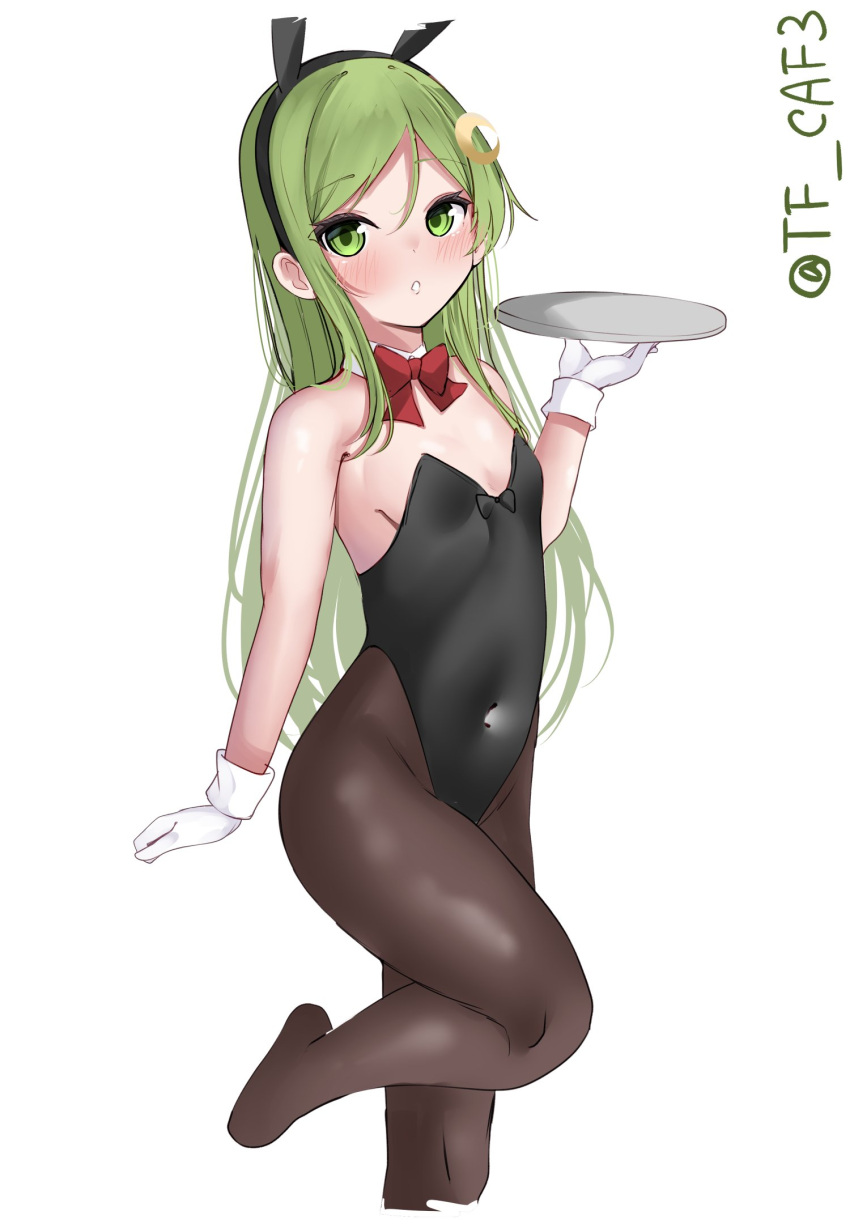 1girl animal_ears bare_shoulders blush bow bowtie breasts brown_pantyhose cleavage crescent crescent_hair_ornament fake_animal_ears green_eyes green_hair hair_ornament highres kantai_collection leotard long_hair looking_at_viewer nagatsuki_(kancolle) pantyhose playboy_bunny rabbit_ears small_breasts smile standing standing_on_one_leg strapless strapless_leotard tf_cafe tray waitress white_background