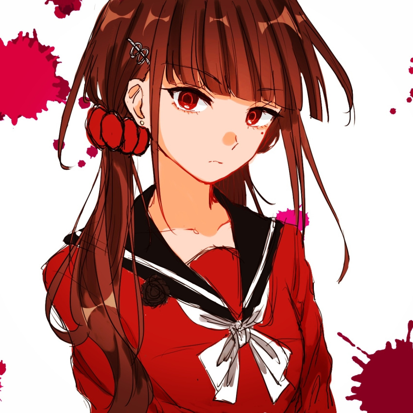 1girl blood blood_splatter blunt_bangs brown_hair collarbone danganronpa_(series) danganronpa_v3:_killing_harmony earrings hair_ornament hair_scrunchie hairclip harukawa_maki highres jewelry karoru_(xiaoxian55) long_hair long_sleeves looking_at_viewer low_twintails mole mole_under_eye red_eyes red_scrunchie red_shirt sailor_collar school_uniform scrunchie shirt solo twintails upper_body