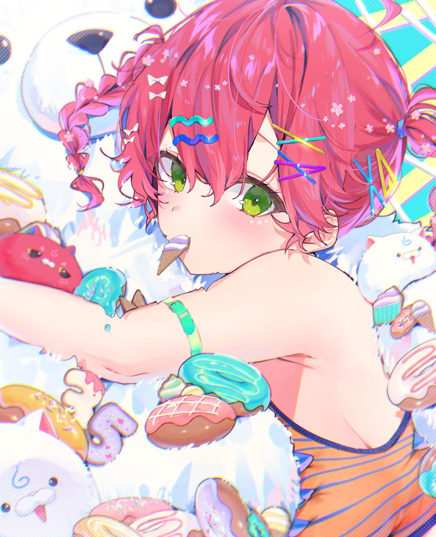 1girl 35p_(sakura_miko) ahoge alternate_costume alternate_hairstyle arm_strap armpit_crease blush bow braid breasts cherry_blossoms commentary crop_top double-parted_bangs doughnut flower food food_in_mouth green_eyes hair_between_eyes hair_bow hair_flower hair_ornament hair_tie hairclip harui_(hr_x9_) highres hololive hugging_doll hugging_object kintoki_(sakura_miko) large_breasts looking_at_viewer mascot orange_tank_top pink_hair sakura_miko solo striped_tank_top stuffed_animal stuffed_toy symbol-only_commentary tank_top triangle_hair_ornament twin_braids twintails upper_body virtual_youtuber x_hair_ornament