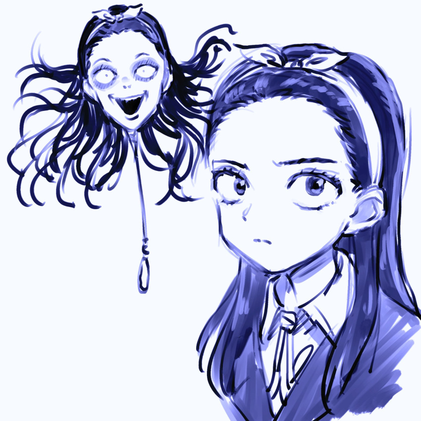 1girl balloon body_horror dual_persona eisu_(eith) eyelashes forehead hairband highres horror_(theme) itou_junji_(style) itou_junji_kyoufu long_hair messy_hair monochrome noose sanpaku school_uniform simple_background sketch white_background