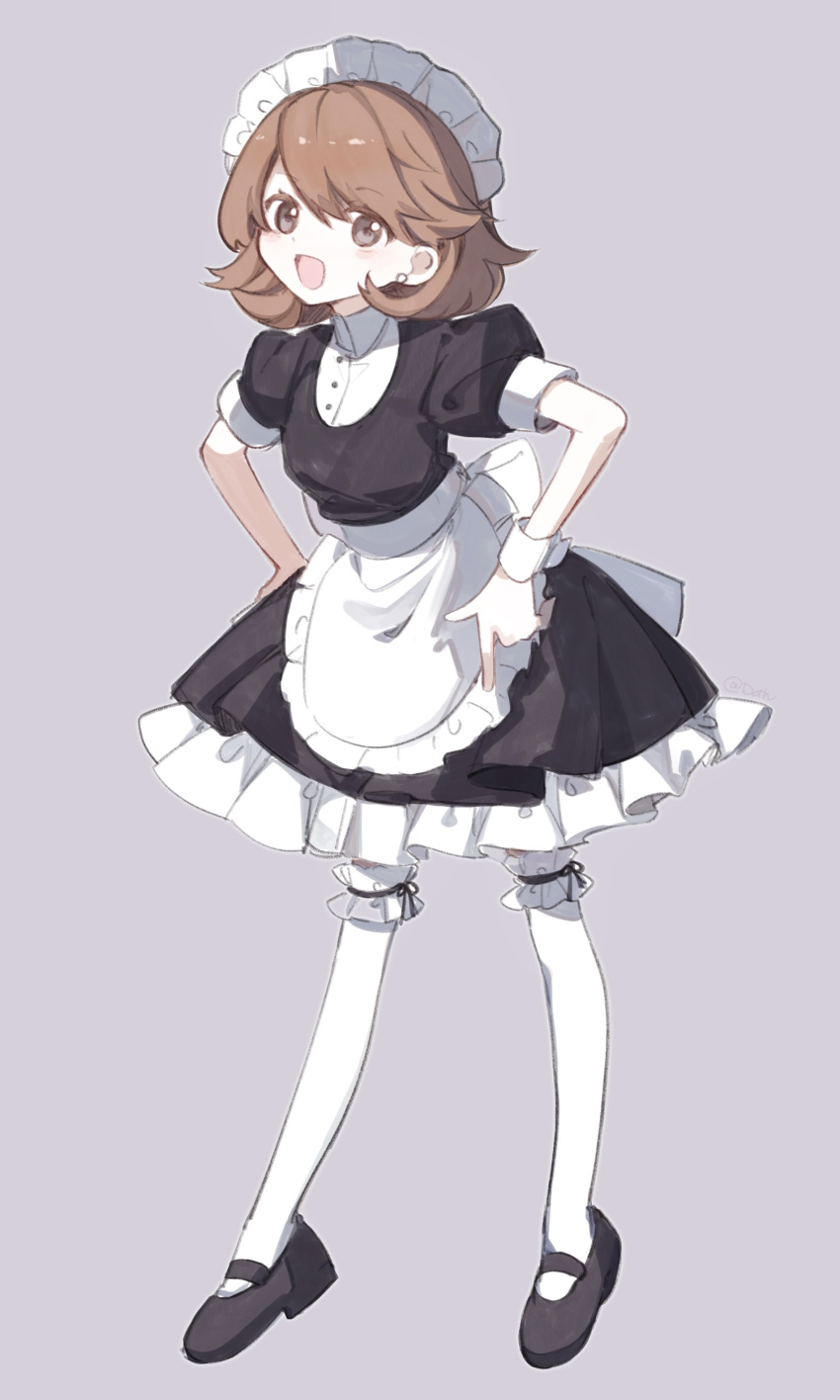 1girl absurdres apron black_dress black_footwear brown_eyes brown_hair collared_shirt commentary dress earrings frilled_hairband frilled_skirt frilled_thighhighs frills full_body grey_background hairband hands_on_own_hips highres jewelry juliet_sleeves light_blush long_sleeves looking_at_viewer maid maid_apron maid_headdress medium_hair official_alternate_costume open_mouth pearl_earrings persona persona_3 persona_3_reload pointing pointing_down puffy_short_sleeves puffy_sleeves shirt shoes short_sleeves skirt smile solo standing stud_earrings takeba_yukari thighhighs weyiyuntfn white_hairband white_shirt white_thighhighs wrist_cuffs