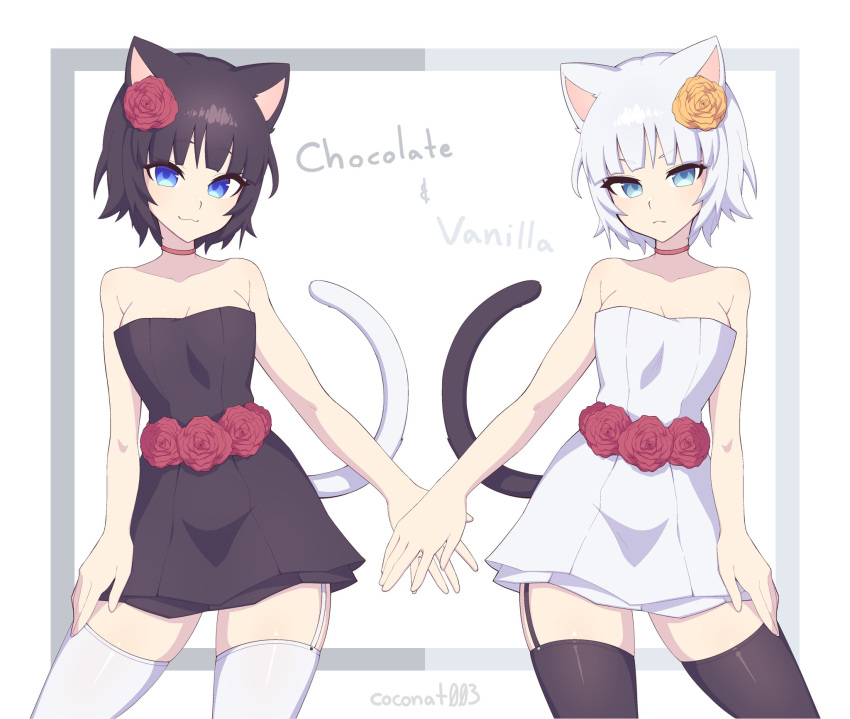 2girls animal_ears artist_name black_dress black_hair black_tail black_thighhighs blue_eyes breasts cat_ears cat_girl cat_tail character_name chocolate_(rabi_ribi) choker closed_mouth cowboy_shot dress english_commentary flower garter_straps hair_flower hair_ornament highres looking_at_viewer medium_breasts multiple_girls nat_(coconat003) off-shoulder_dress off_shoulder orange_flower pink_choker rabi-ribi red_flower short_hair siblings simple_background sisters smile symmetry tail thighhighs twins vanilla_(rabi_ribi) white_background white_dress white_hair white_tail white_thighhighs